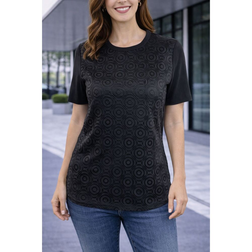 Amanda Uprichard Black Textured Short Sleeve Top Contemporary M
